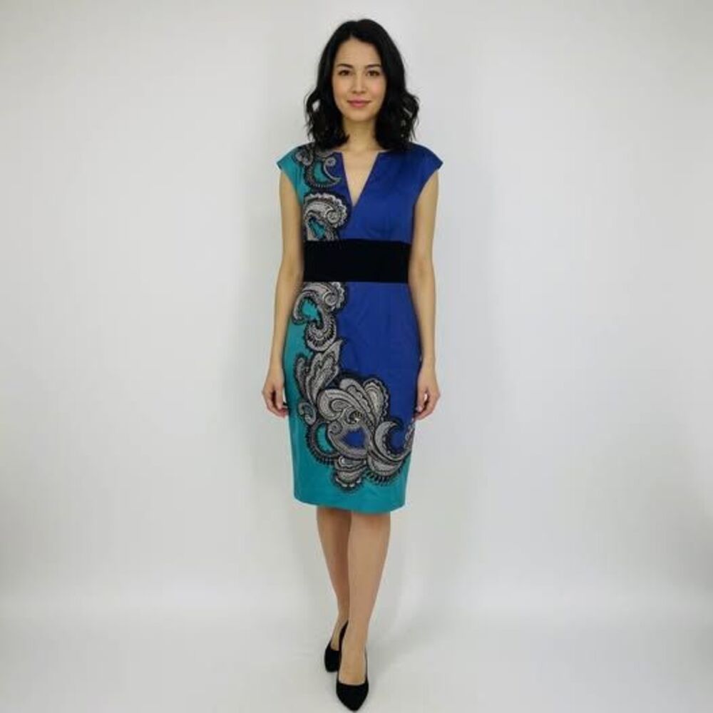 Trina Turk Blue Teal Paisley V-Neck Dress